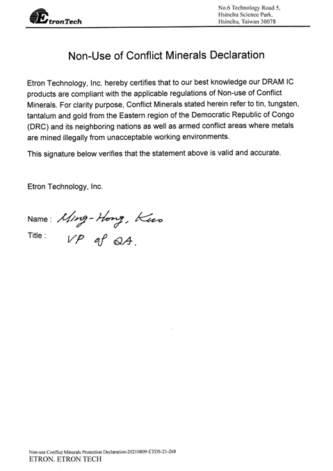 Non-Use of Conflict Minerals Declaration