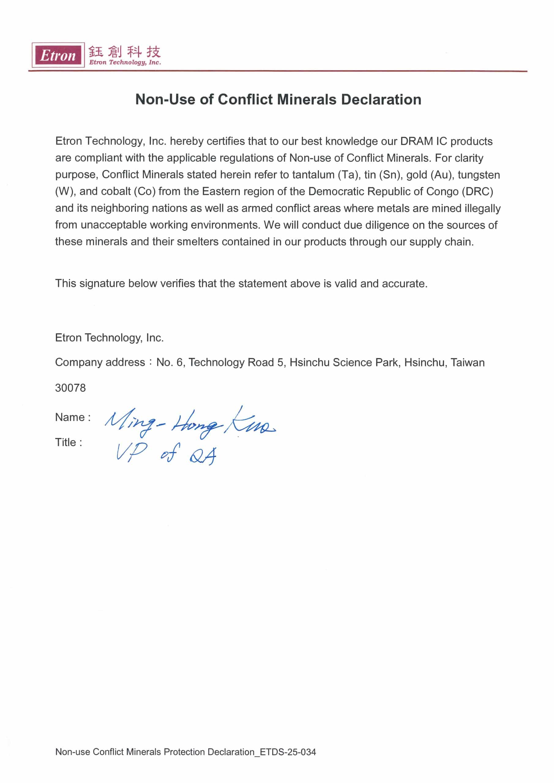 Non-Use of Conflict Minerals Declaration