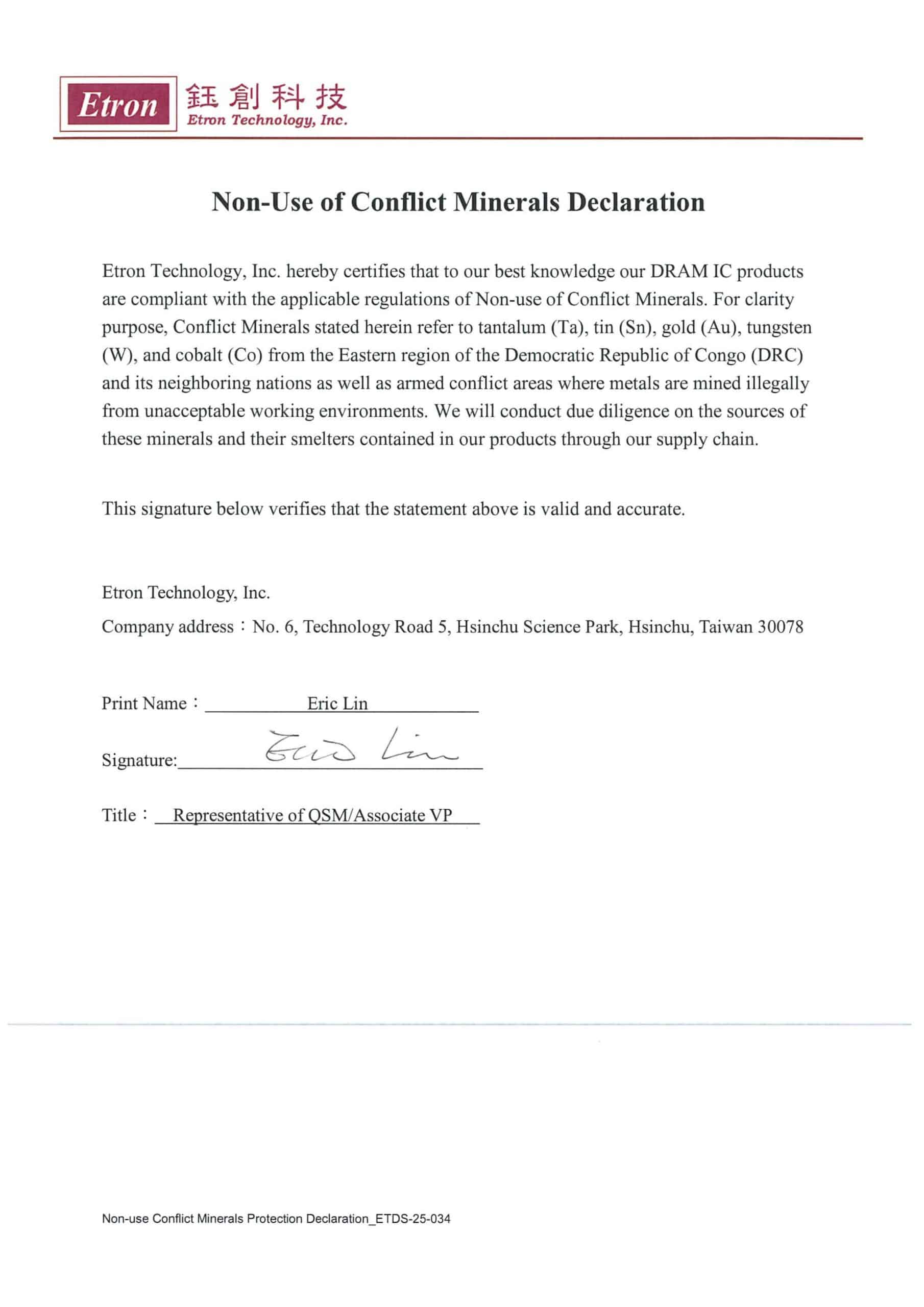 Declaration of Non-Use of Conflict Minerals